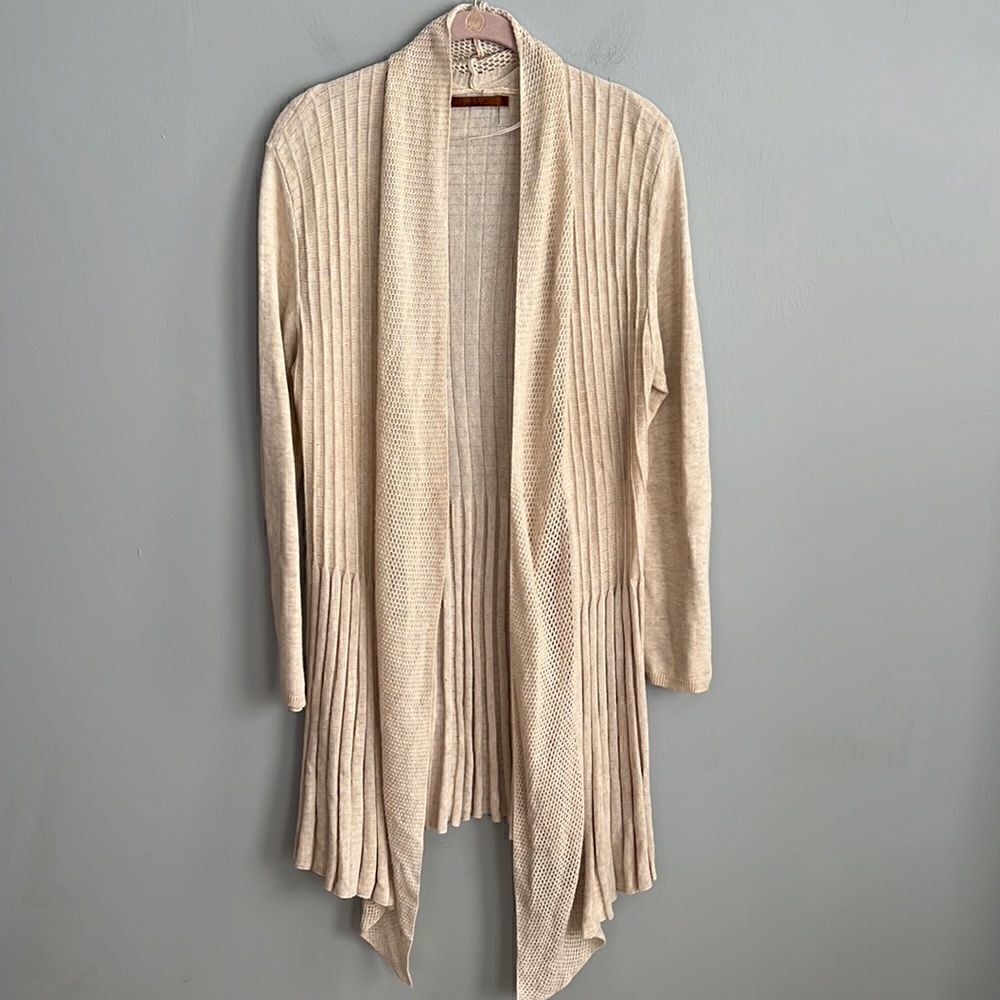 Women’s large neutral beige pleated accent open front waterfall cardigan